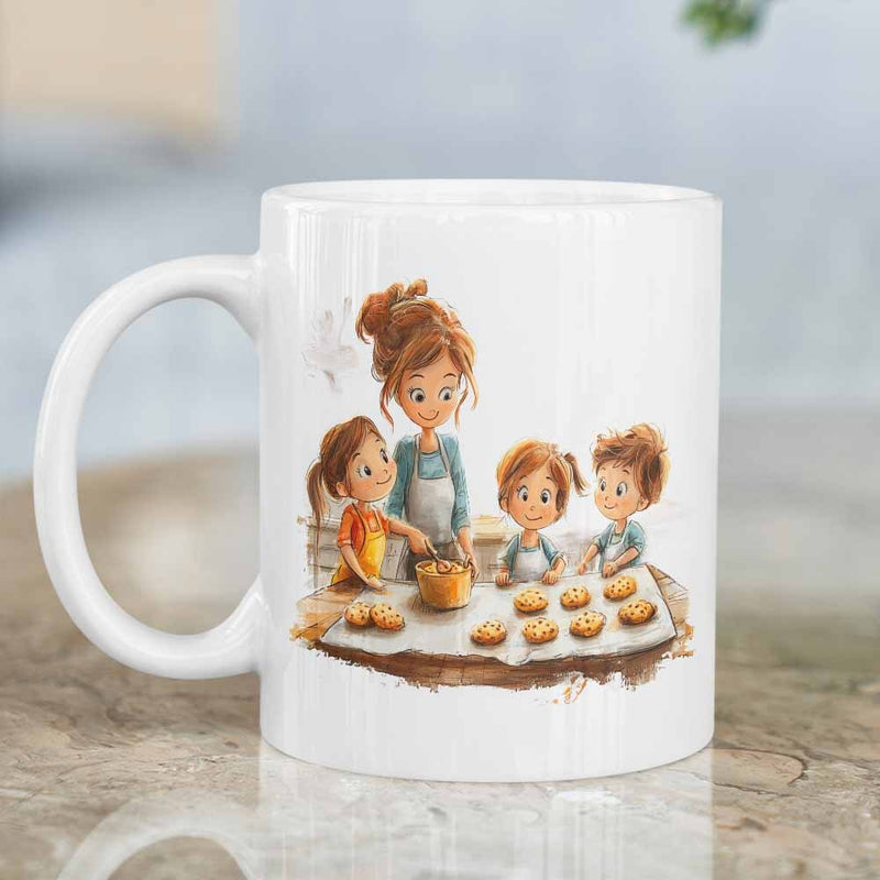 Tailorly White Ceramic 11 oz Mug - Mother Baking Delicious Cookies In Kitchen With Three Cute Children Family