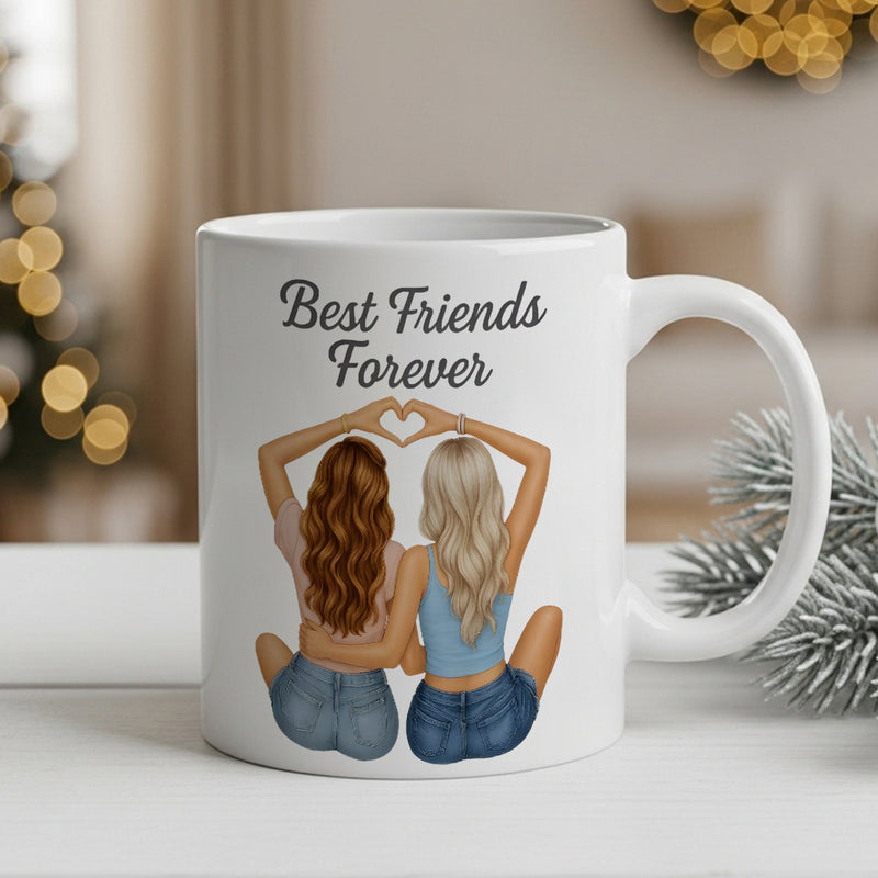 Tailorly White Ceramic 11 oz Mug - Best Friends Forever Two Girls Sitting Together Making Heart Shape With Hands Friends