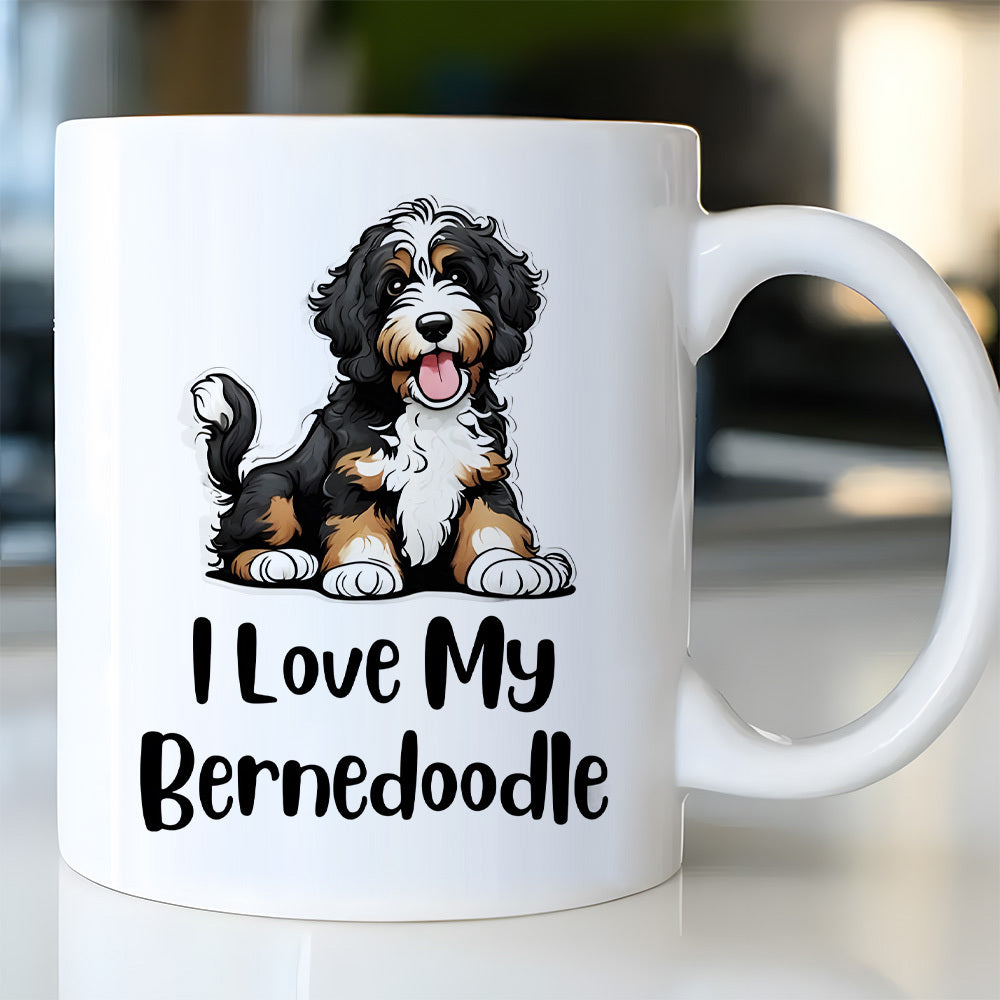 Tailorly White Ceramic 11 oz Mug - I Love My Bernedoodle Fluffy Black White And Brown Puppy Sitting With Happy Smile Bernedoodle