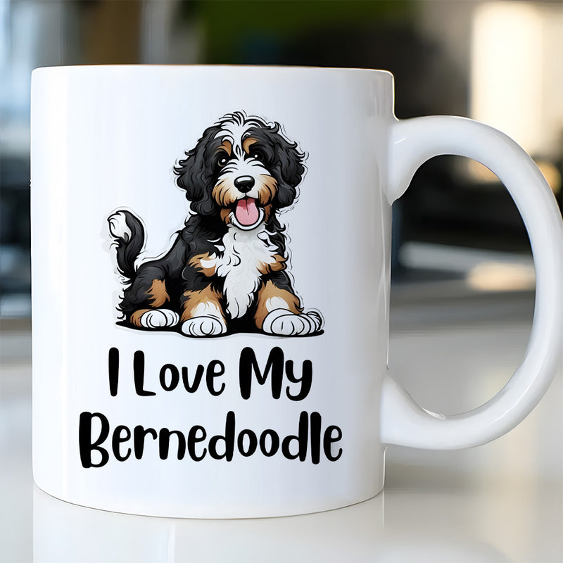 Tailorly White Ceramic 11 oz Mug - I Love My Bernedoodle Fluffy Black White And Brown Puppy Sitting With Happy Smile Bernedoodle