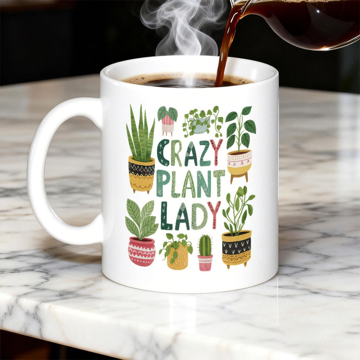 Tailorly White Ceramic 11 oz Mug - Crazy Plant Lady Various Green Houseplants In Colorful Pots Among Artistic Text Plant