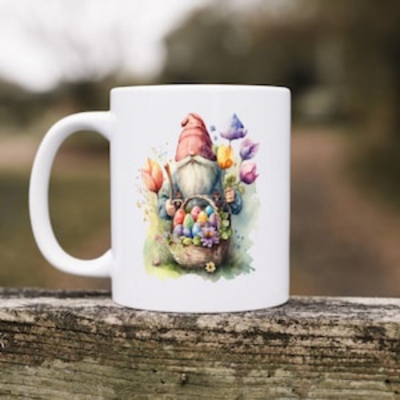 Tailorly White Ceramic 11 oz Mug - Watercolor Spring Easter Design With Colorful Eggs And Blooming Tulips Gnome