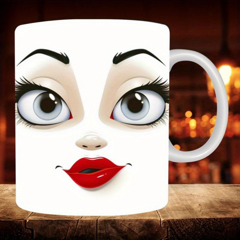 Tailorly White Ceramic 11 oz Mug - Expressive Large Blue Eyes With Red Puckered Lips On A Smiling Face