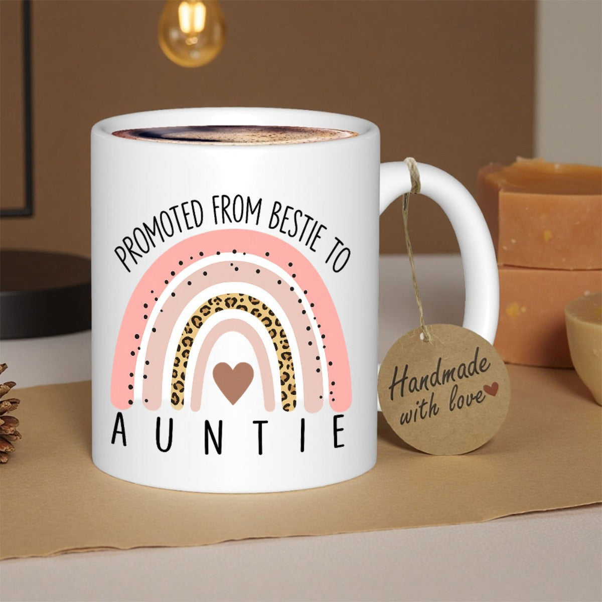 Tailorly White Ceramic 11 oz Mug - Promoted From Bestie To Auntie Stylish Boho Rainbow With Leopard Texture And Heart Graphic Rainbow