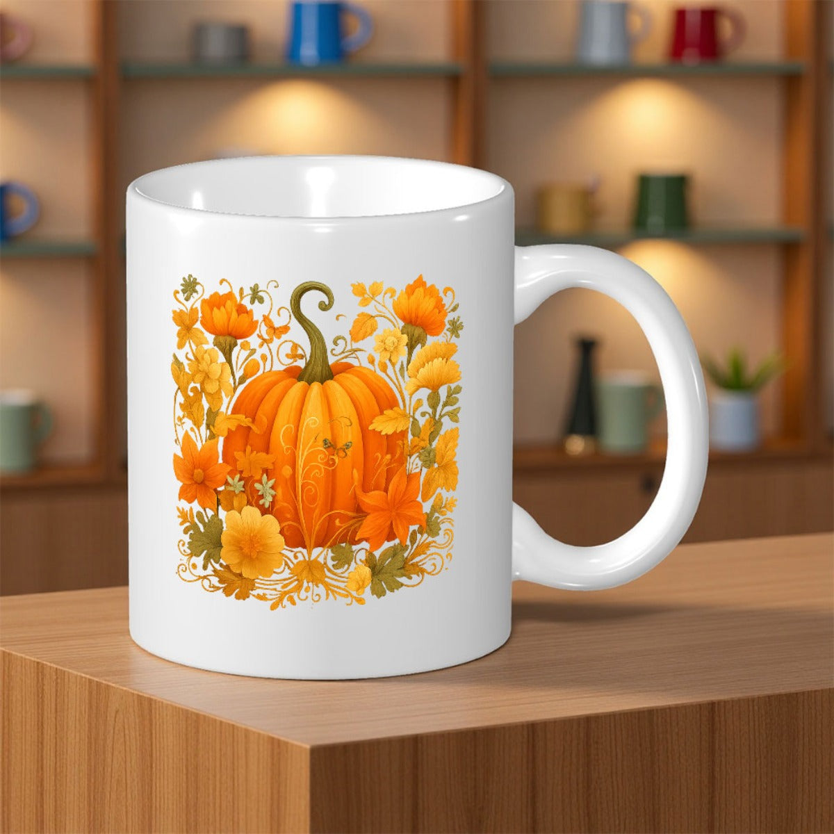 Tailorly White Ceramic 11 oz Mug - Harvest Autumn Illustration With Golden Flowers And Vibrant Leaves Around Pumpkin