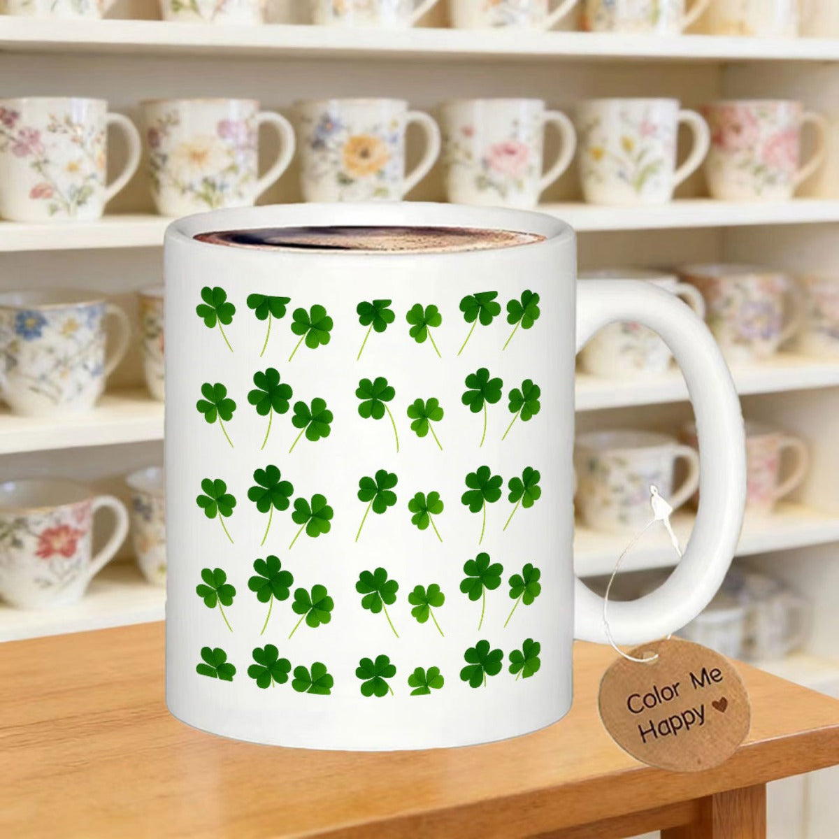 Tailorly White Ceramic 11 oz Mug - Color Me Happy Vibrant Green Shamrocks Scattered Across A Pristine White Background Shamrock