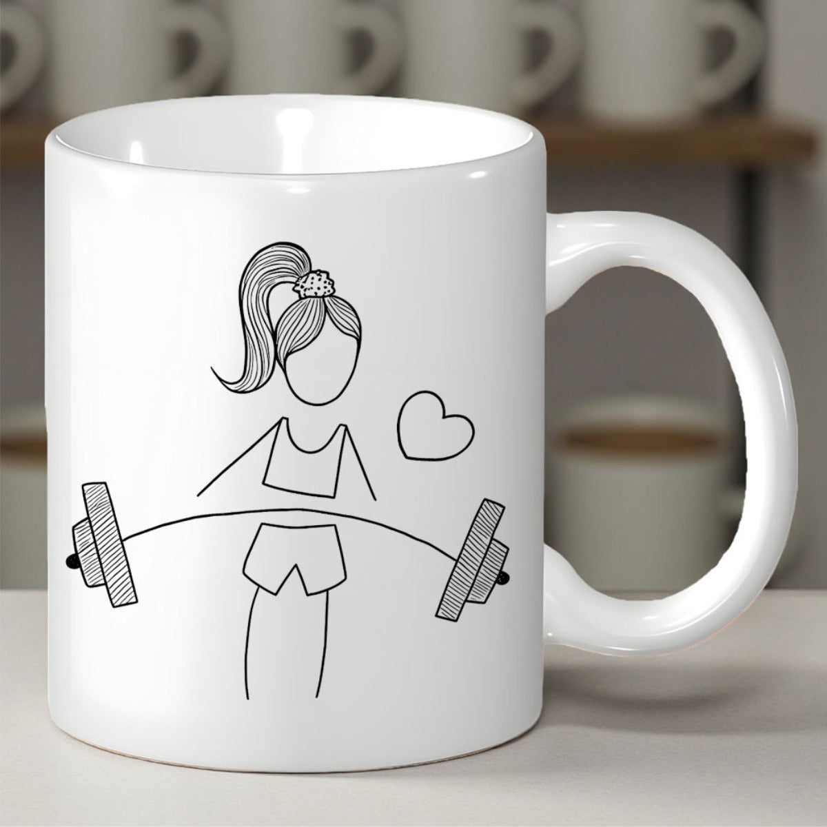 Tailorly White Ceramic 11 oz Mug - Minimalist Line Art Of A Sporty Girl Lifting Heavy Barbell Heart Girl