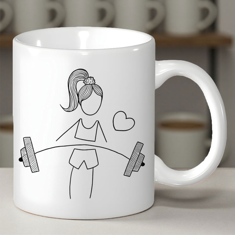 Tailorly White Ceramic 11 oz Mug - Minimalist Line Art Of A Sporty Girl Lifting Heavy Barbell Heart Girl