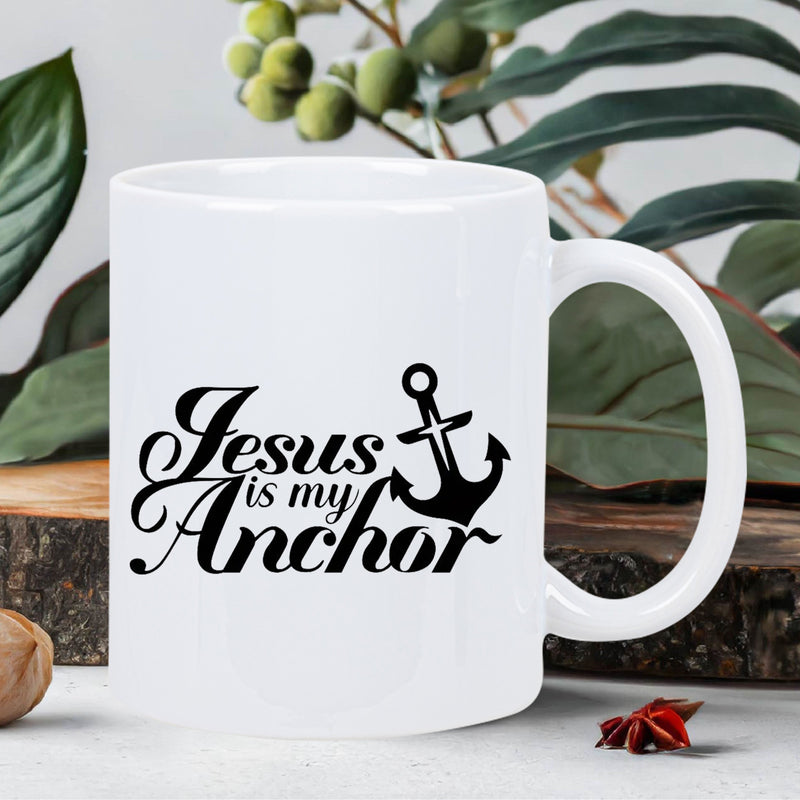 Tailorly White Ceramic 11 oz Mug - Jesus Is My Anchor Black Silhouette Featuring A Religious Cross And Bold Script Anchor