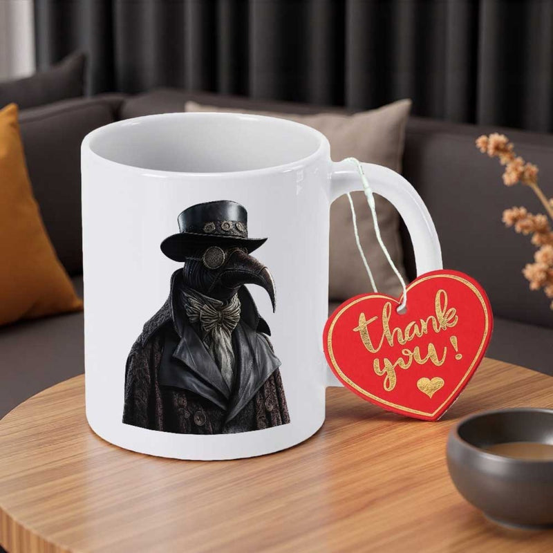 Tailorly White Ceramic 11 oz Mug - Thank You Mysterious Steampunk Figure Wearing Black Hat And Long Beak Mask Doctor
