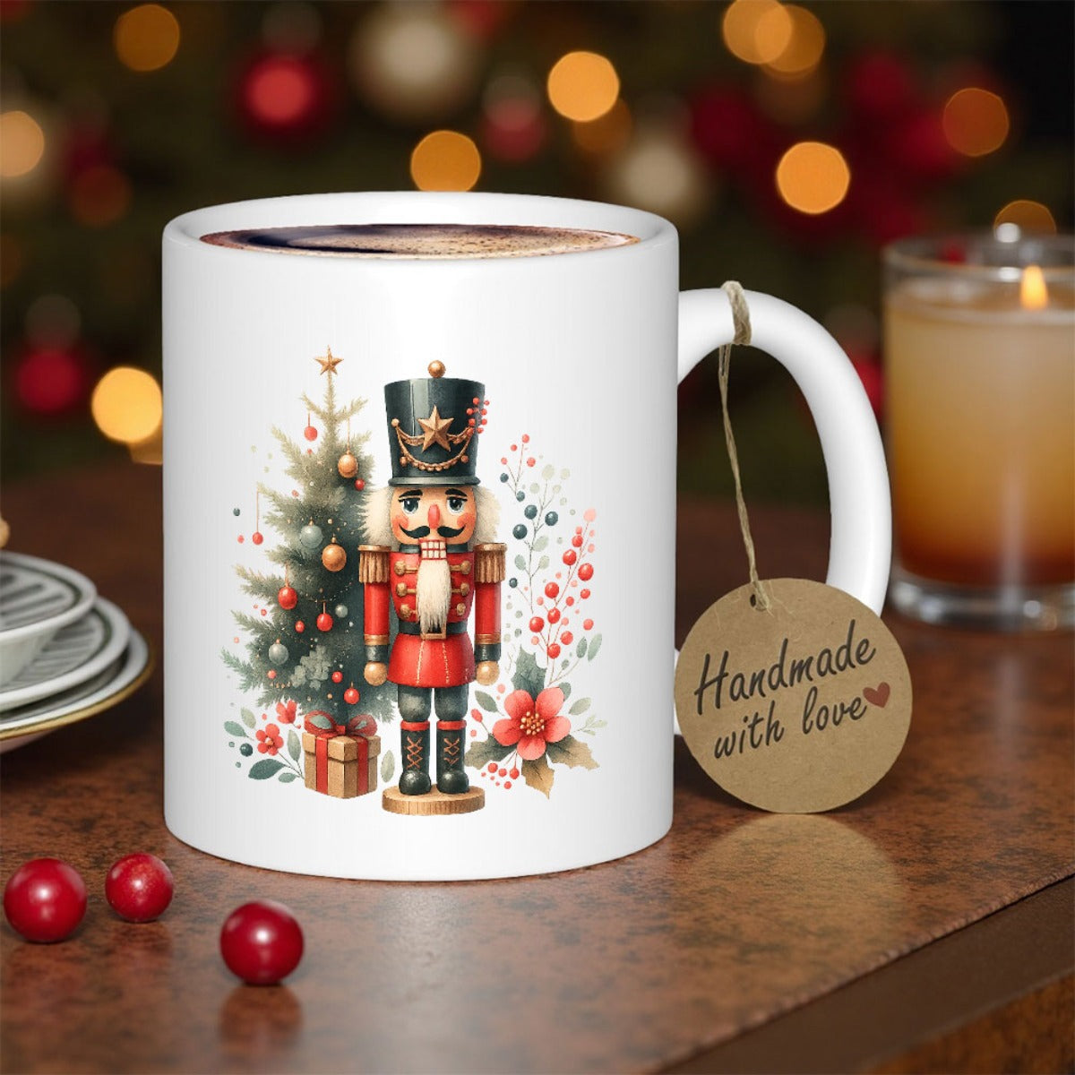 Tailorly White Ceramic 11 oz Mug - Handmade With Love Festive Traditional Soldier Standing Beside A Decorated Holiday Evergreen Tree Nutcracker