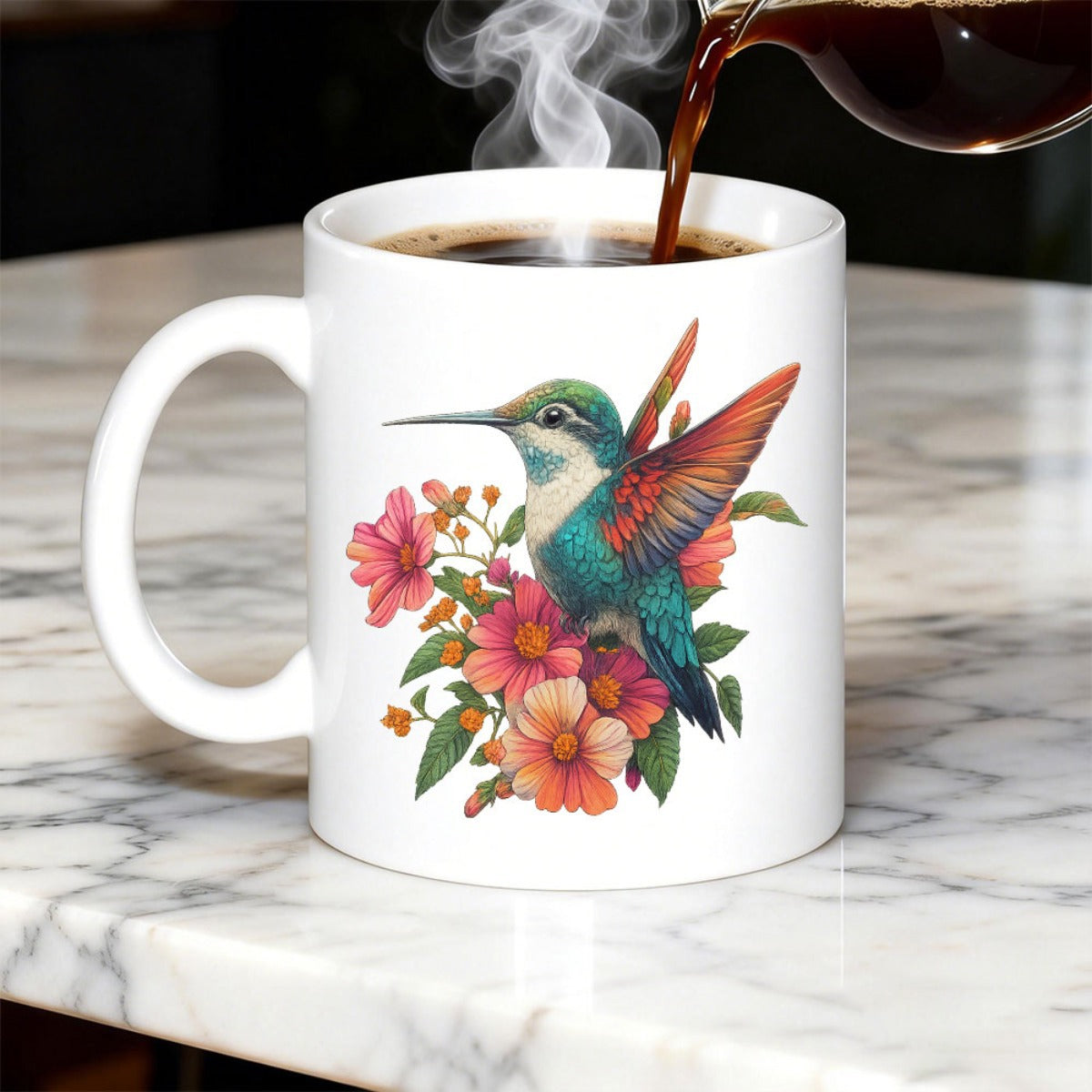 Tailorly White Ceramic 11 oz Mug - Colorful Hummingbird Resting Among Vibrant Spring Flowers With Delicate Spreading Wings Hummingbird