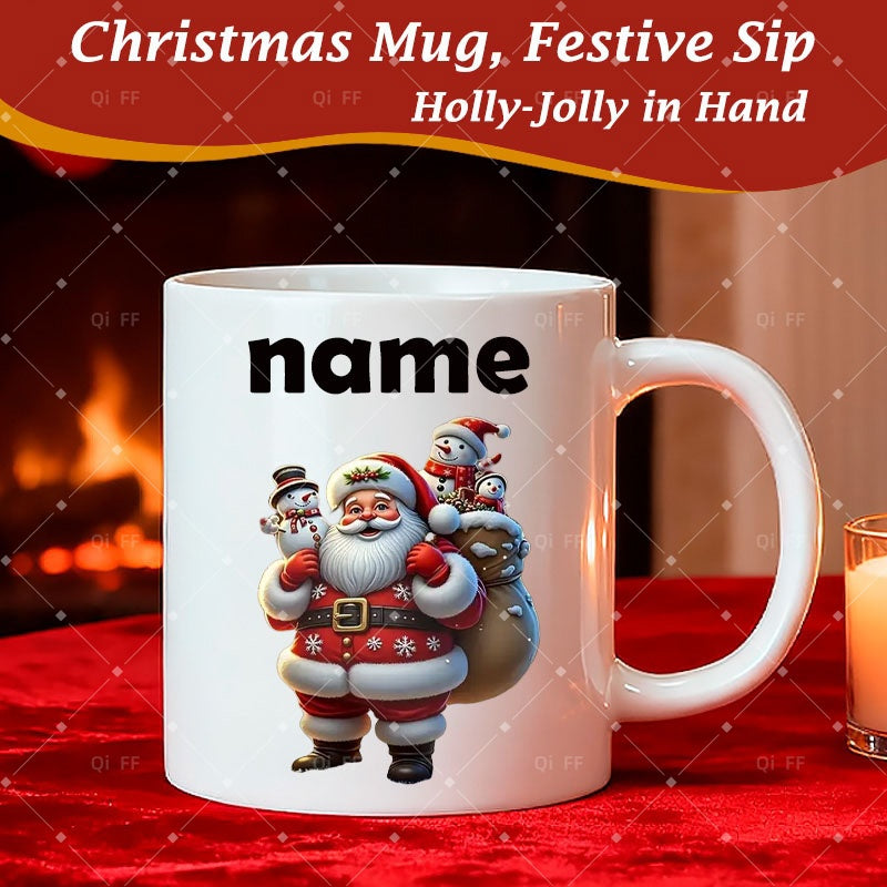 Tailorly White Ceramic 11 oz Mug - Christmas Mug Festive Sip Holly Jolly In Hand Jolly Festive Santa Carrying Full Brown Sack Beside Tiny Smiling Snowmen Santa