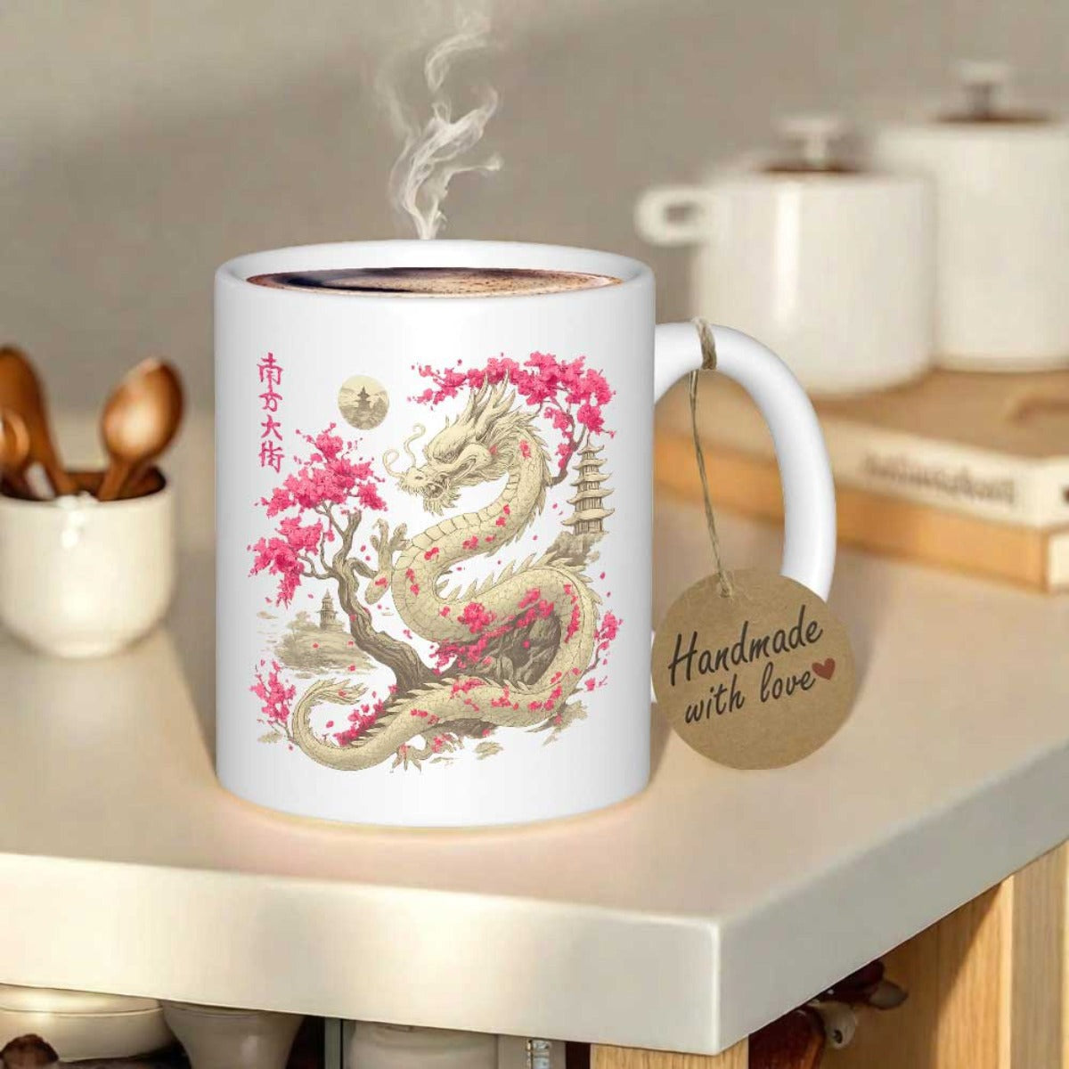 Tailorly White Ceramic 11 oz Mug - Handmade With Love Majestic Mythical Creature Among Blooming Pink Cherry Blossom Branches Dragon