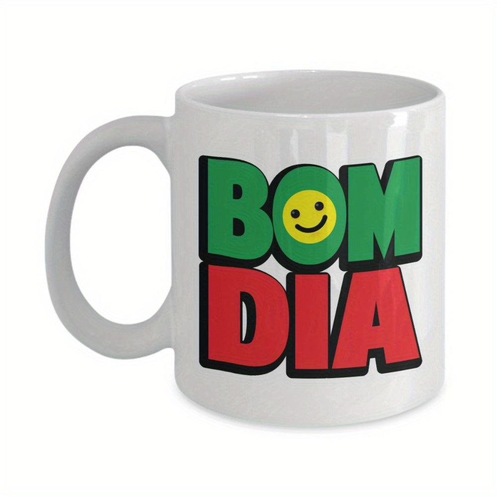 Tailorly White Ceramic 11 oz Mug - Vibrant Green And Red Stacked Letters Featuring Friendly Yellow Smiley Design