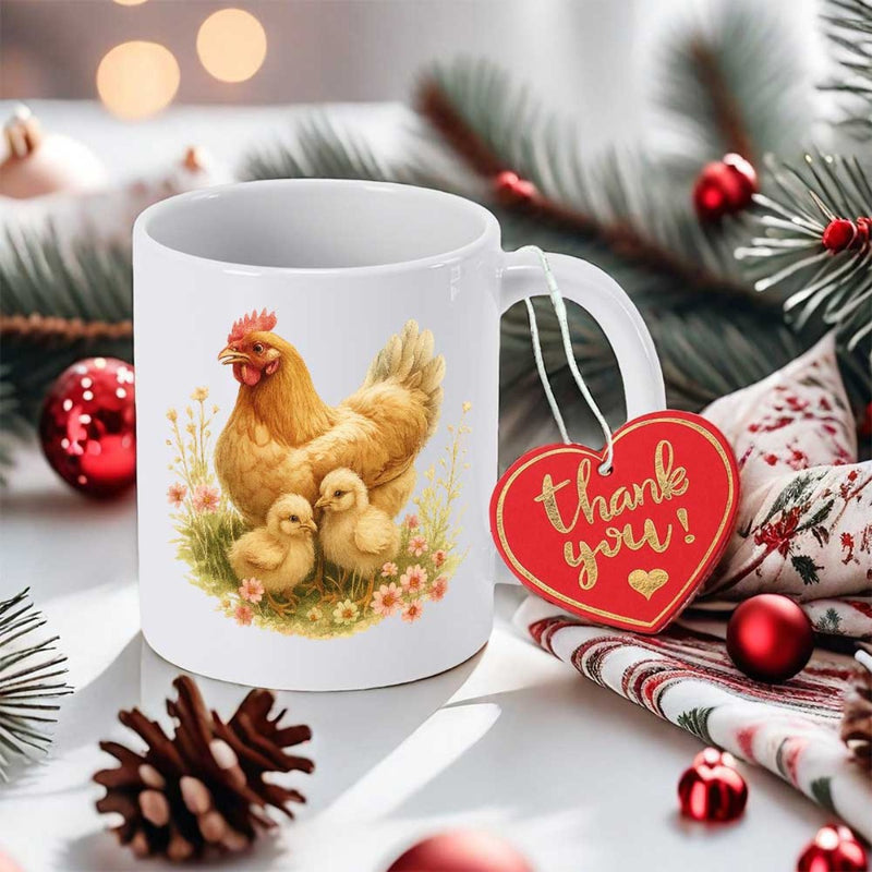 Tailorly White Ceramic 11 oz Mug - Thank You Lovely Mother Hen Protecting Small Cute Chicks Standing In Meadow Chicken