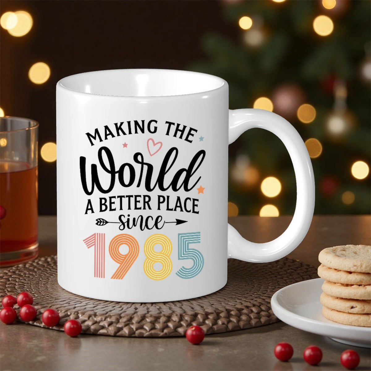 Tailorly White Ceramic 11 oz Mug - Making The World A Better Place Since 1985 Minimalist Typography Style With Colorful Vintage Numbers And Cute Decorative Symbols