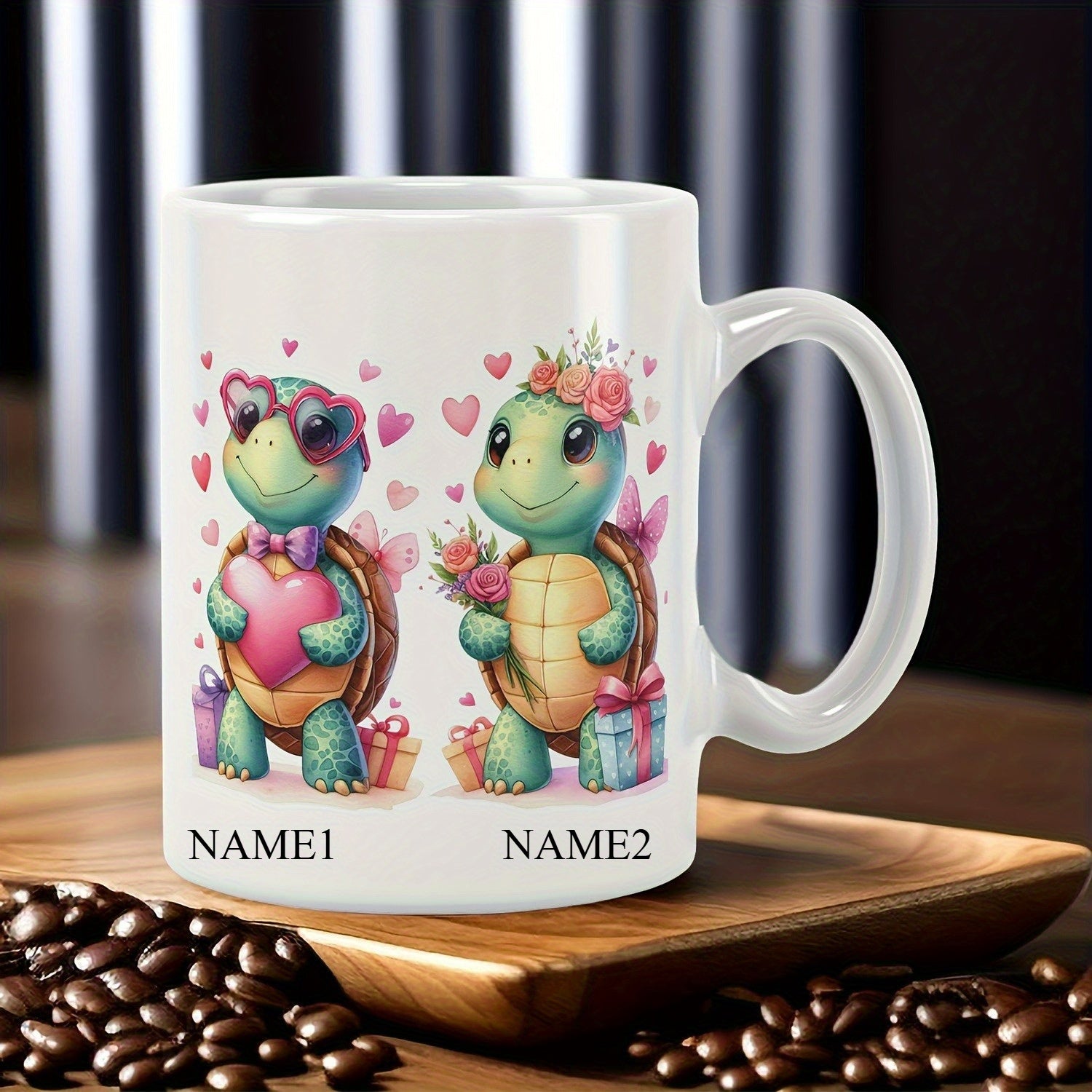 Tailorly White Ceramic 11 oz Mug - Name1 Name2 Adorable Cartoon Sea Turtles Holding Hearts And Flowers Among Floating Pink Hearts Turtle