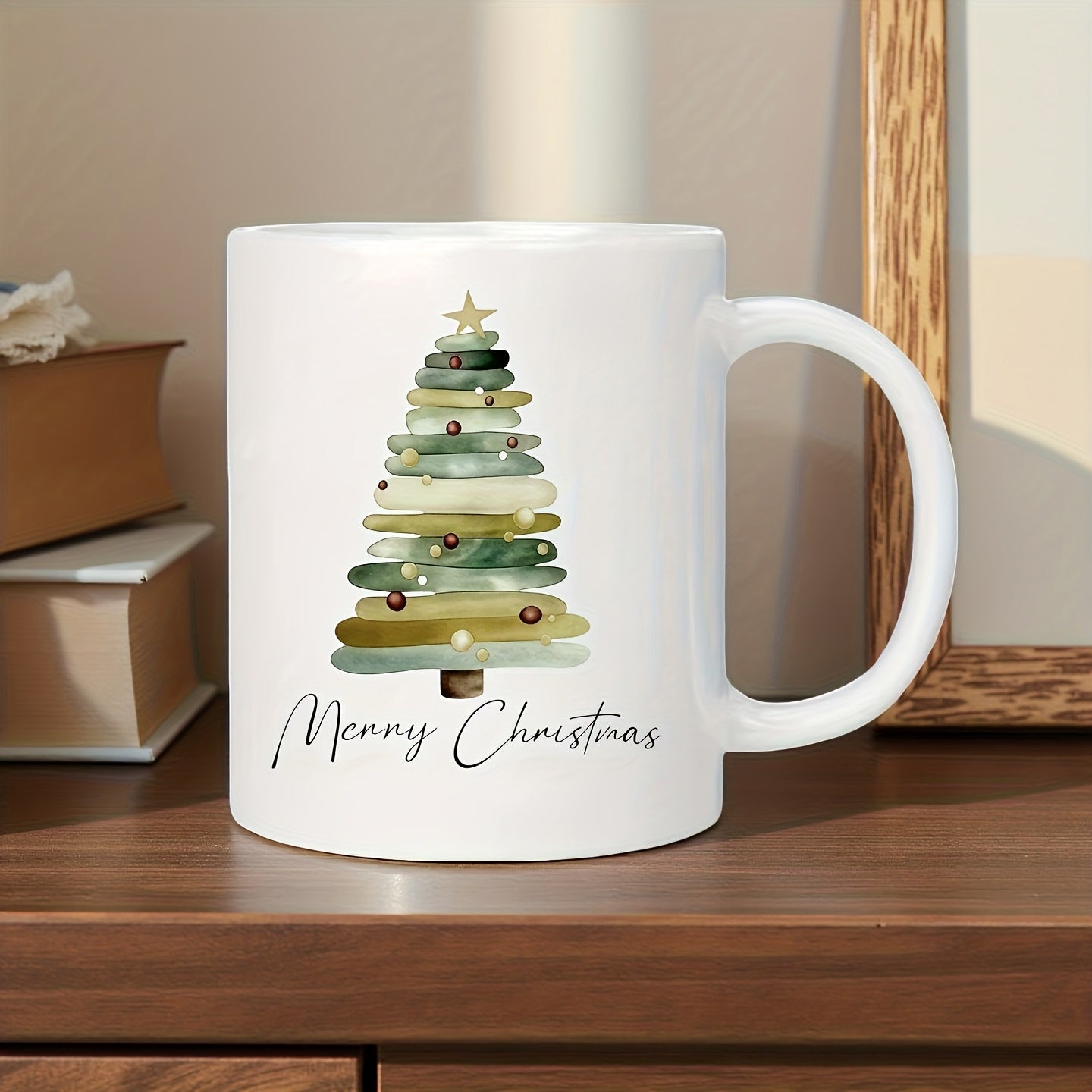 Tailorly White Ceramic 11 oz Mug - Merry Christmas Artistic Watercolor Layered Green Brushes With A Golden Top Star Tree