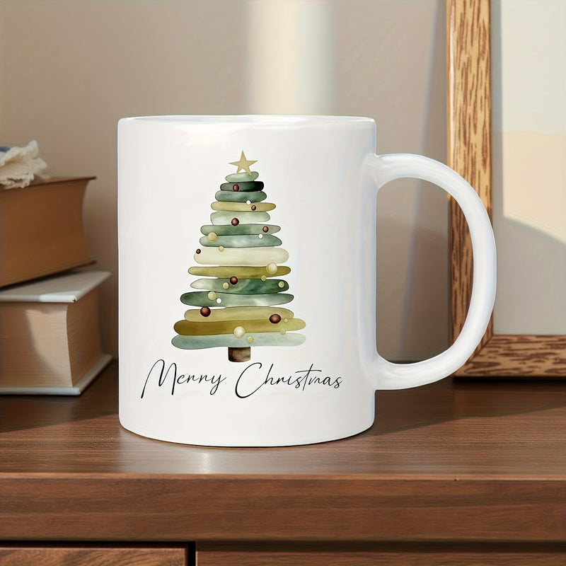 Tailorly White Ceramic 11 oz Mug - Merry Christmas Artistic Watercolor Layered Green Brushes With A Golden Top Star Tree