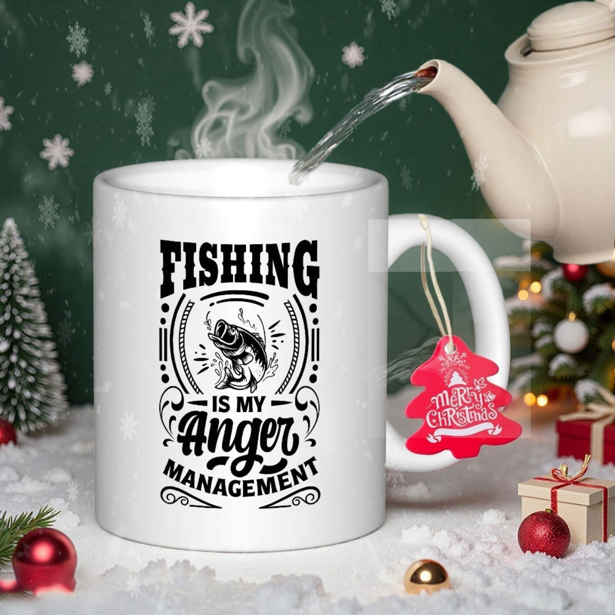 Tailorly White Ceramic 11 oz Mug - Fishing Is My Anger Management Detailed Leaping Fish Within A Circular Decorative Badge Graphic Fish