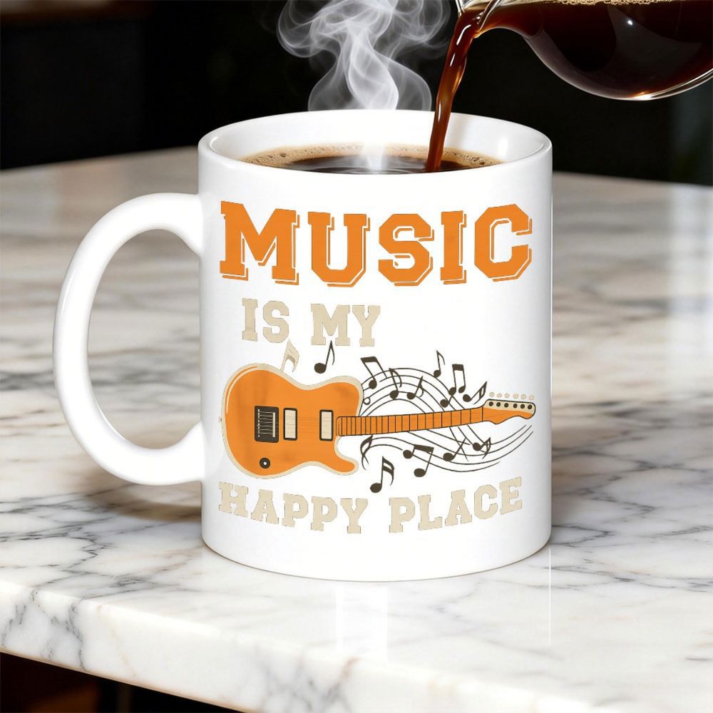 Tailorly White Ceramic 11 oz Mug - Music Is My Happy Place Vibrant Orange Musical Instrument Featuring Flowing Elegant Melodic Rhythms And Notes Guitar