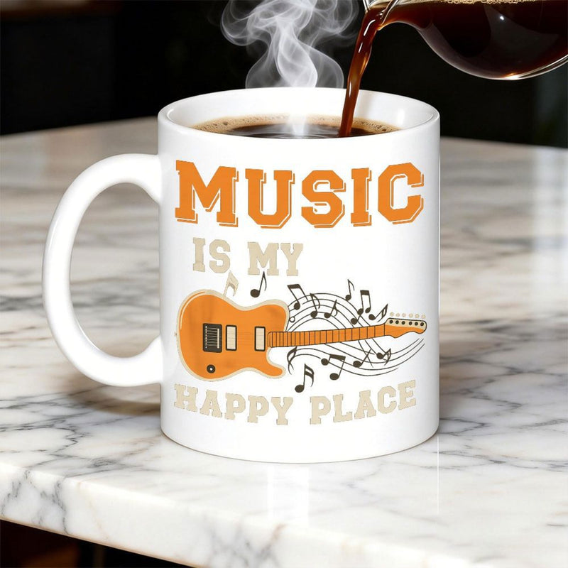 Tailorly White Ceramic 11 oz Mug - Music Is My Happy Place Vibrant Orange Musical Instrument Featuring Flowing Elegant Melodic Rhythms And Notes Guitar