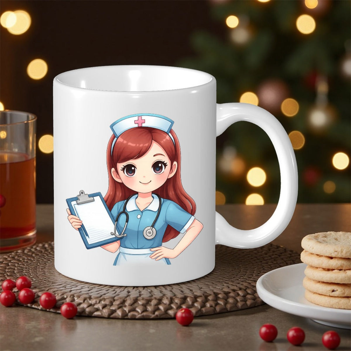 Tailorly White Ceramic 11 oz Mug - Adorable Cartoon Professional Character Holding Clipboard In Medical Uniform Nurse