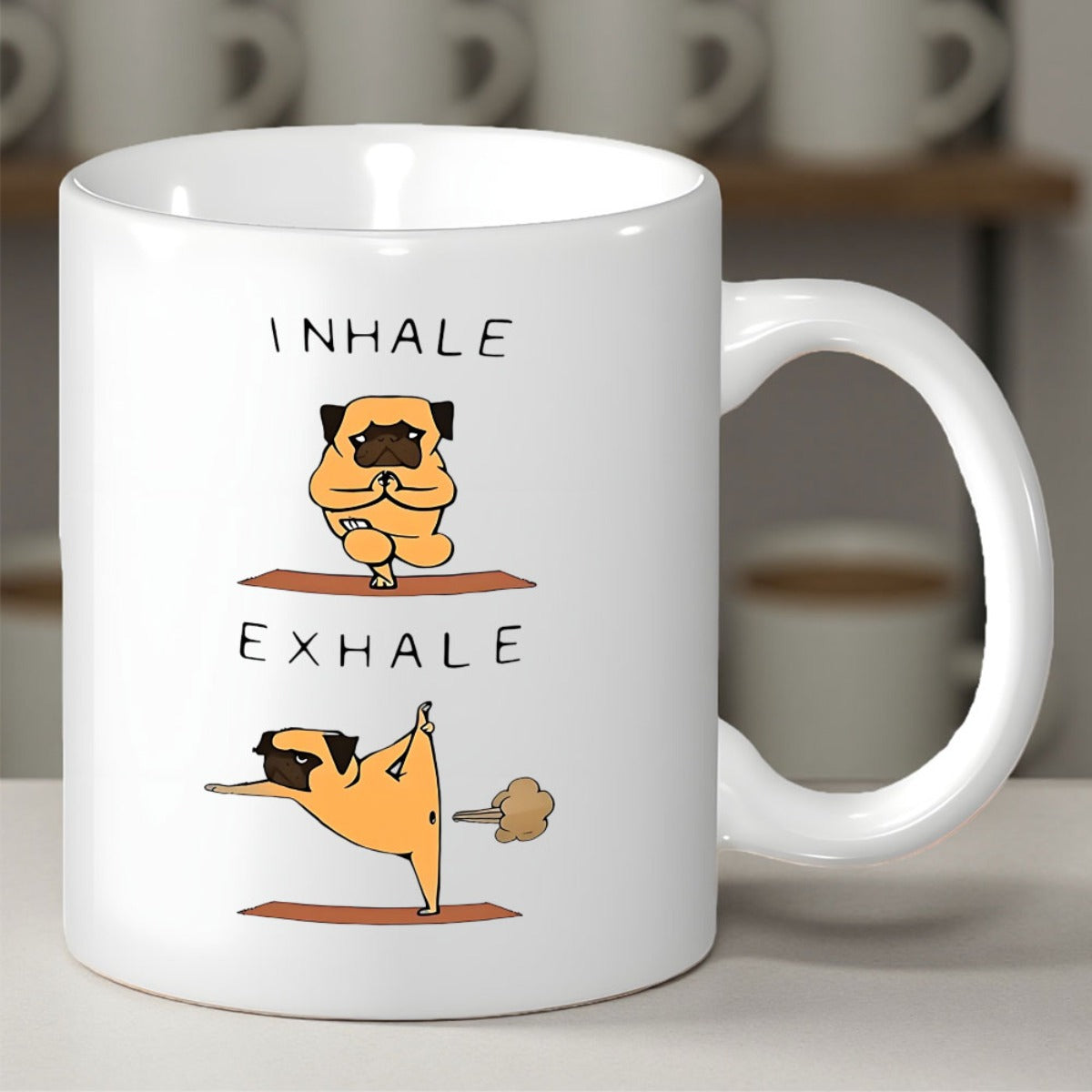 Tailorly White Ceramic 11 oz Mug - Inhale Exhale Funny Cartoon Yoga Pugs Practicing Poses On Brown Mats Peaceful Cute Dog Pug