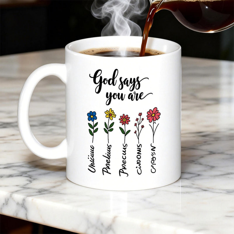 Tailorly White Ceramic 11 oz Mug - God Says You Are Minimalist Colorful Hand Drawn Botanical Stems Blooming In Row Flower