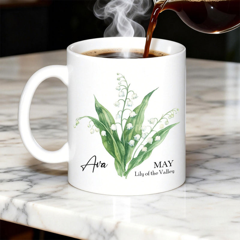 Tailorly White Ceramic 11 oz Mug - Ava May Lily Of The Valley Delicate White Bell Shaped Flowers With Elegant Green Leaves Blossoming Beautifully Lily