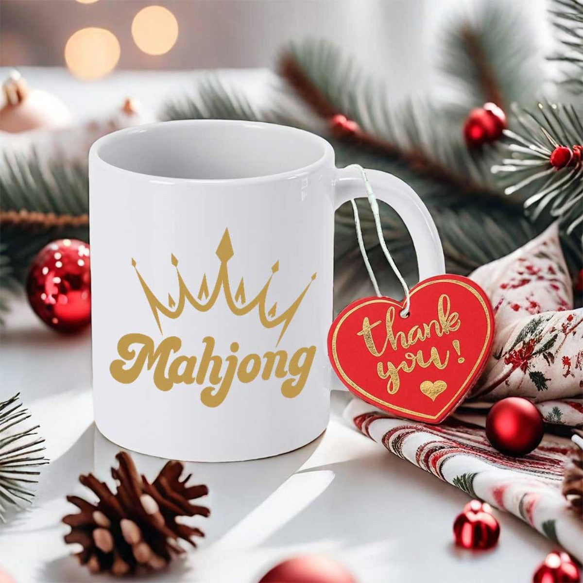 Tailorly White Ceramic 11 oz Mug - Mahjong Thank You Elegant Golden Royal Diadem Featuring Bold Retro Style Lettering Arrangement Crown