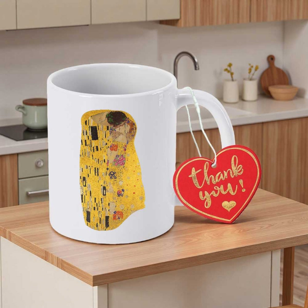 Tailorly White Ceramic 11 oz Mug - Thank You Romantic Golden Art Nouveau Painting Featuring An Iconic Embracing Couple Mug
