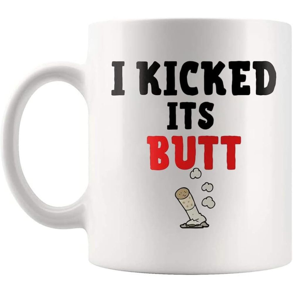 Tailorly White Ceramic 11 oz Mug - I Kicked Its Butt Simple Cartoon Style Extinguished Cigarette With Small Rising Clouds Of Smoke Cigarette