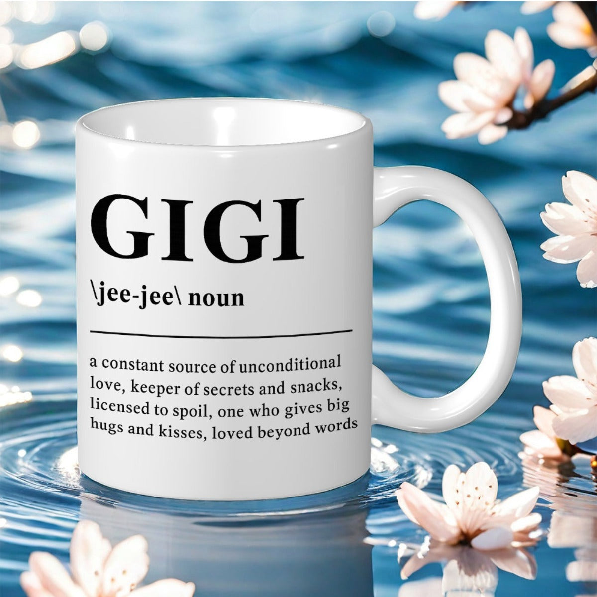 Tailorly White Ceramic 11 oz Mug - Gigi Jee Jee Noun Pure Over Rippling Blue Water Among Floating White Flowers Mug