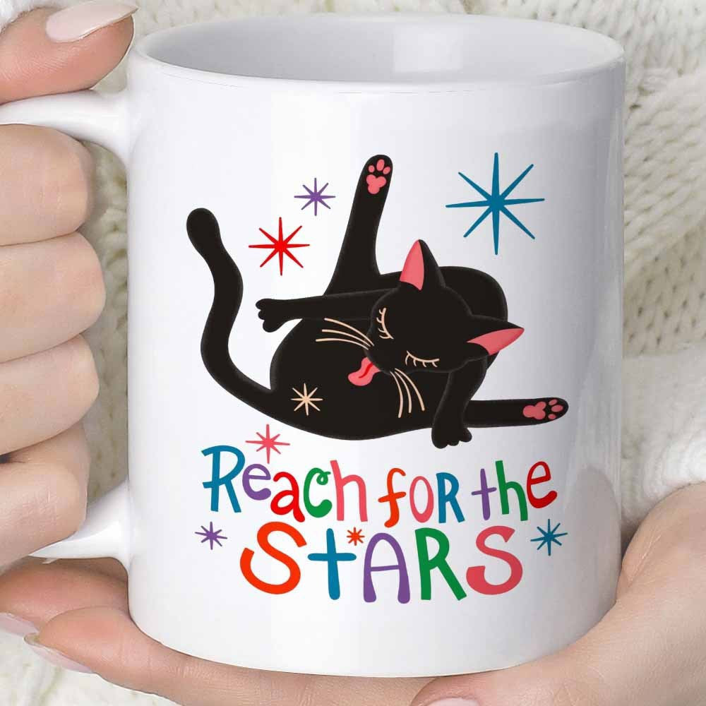 Tailorly White Ceramic 11 oz Mug - Reach For The Stars Playful Cartoon Black Cat Surrounded By Vibrant Twinkling Stars Cat