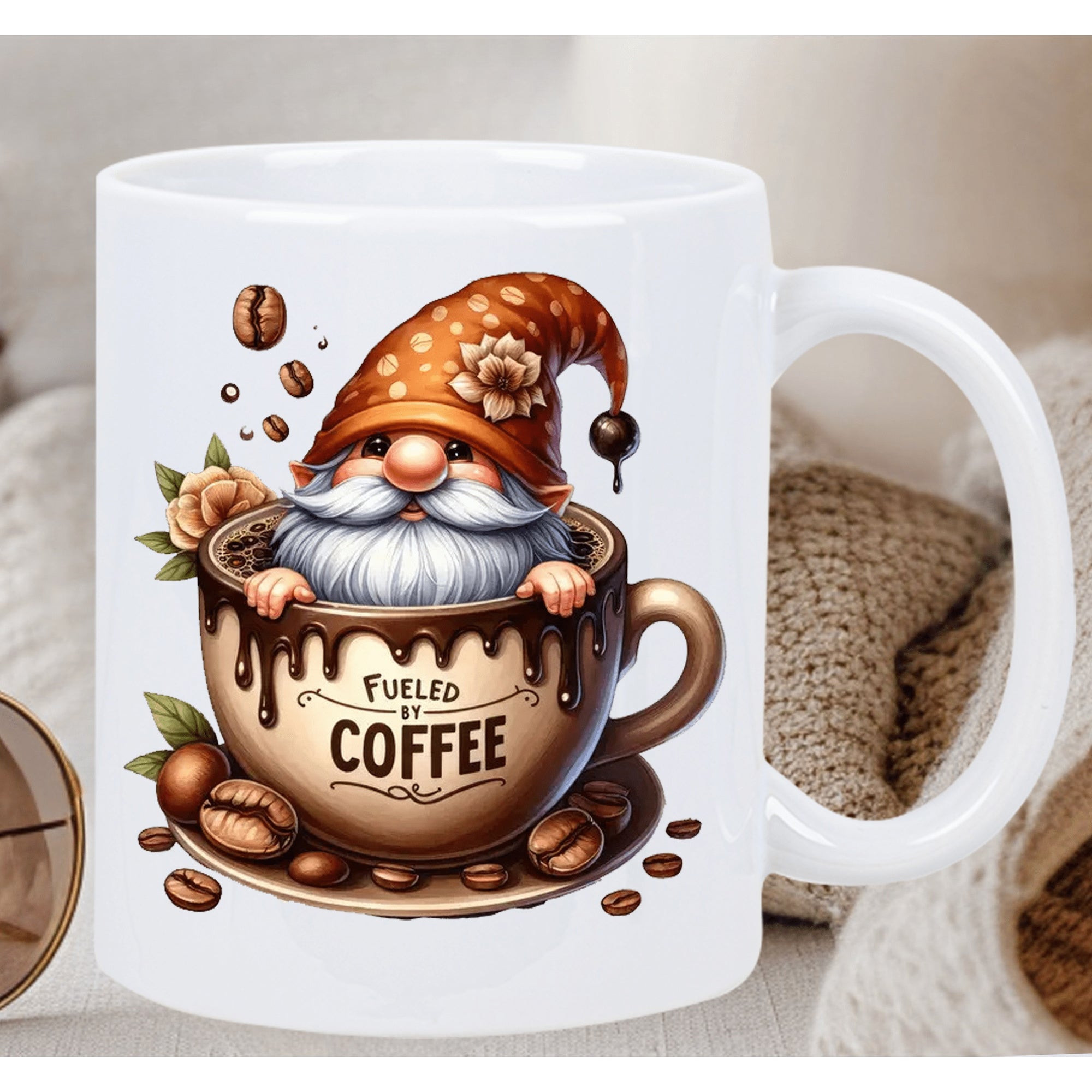 Tailorly White Ceramic 11 oz Mug - Fueled By Coffee Whimsical Gnome Resting In Warm Cup With Scattered Fragrant Beans Gnome
