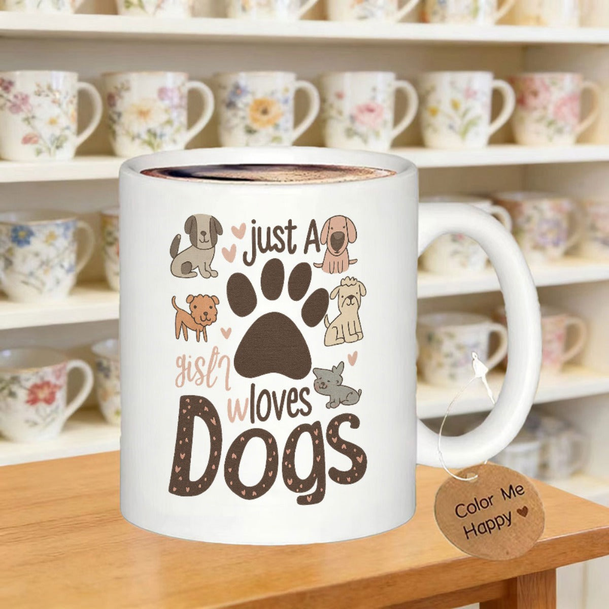 Tailorly White Ceramic 11 oz Mug - Just A Girl Who Loves Dogs Adorable Cartoon Puppies With Large Paw Print Among Scattered Little Hearts Dog