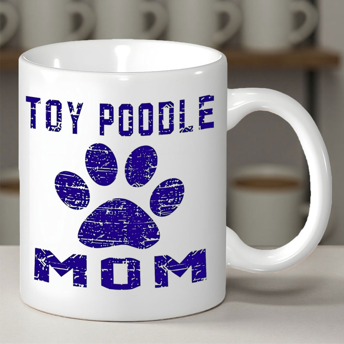 Tailorly White Ceramic 11 oz Mug - Toy Poodle Mom Distressed Blue Texture Pattern Featuring A Large Pet Footprint Design Paw
