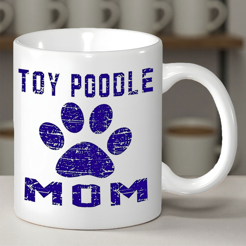 Tailorly White Ceramic 11 oz Mug - Toy Poodle Mom Distressed Blue Texture Pattern Featuring A Large Pet Footprint Design Paw
