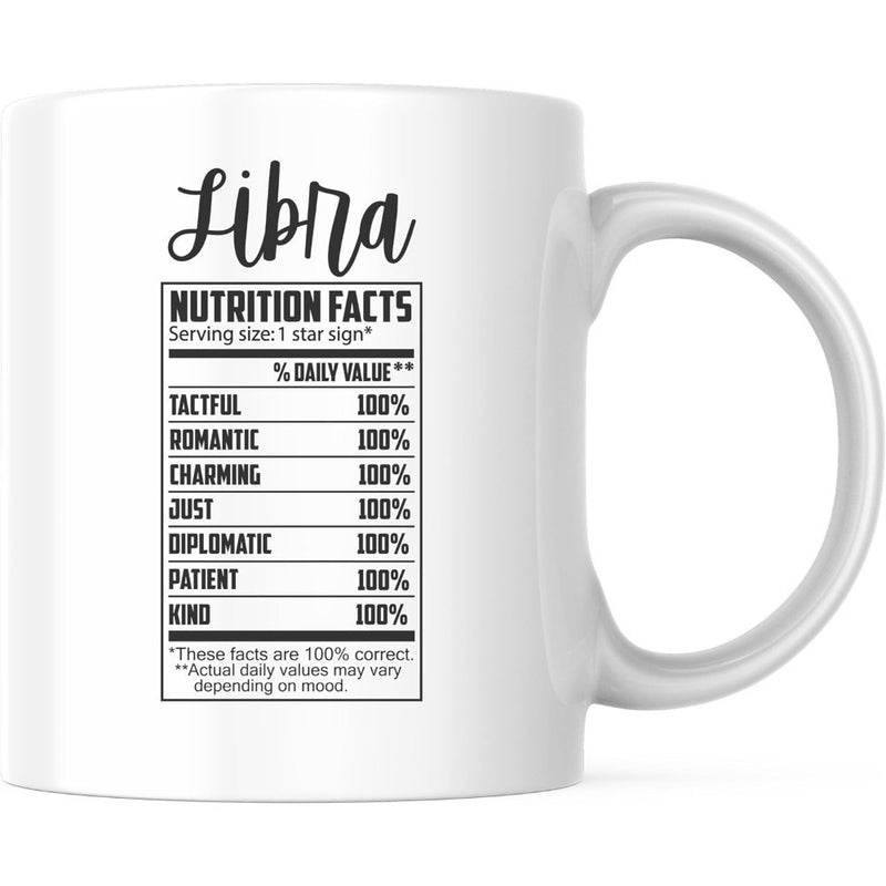 Tailorly White Ceramic 11 oz Mug - Libra Nutrition Facts Detailed Astrological Personality Traits Listed Inside A Clean Black Box Format Libra