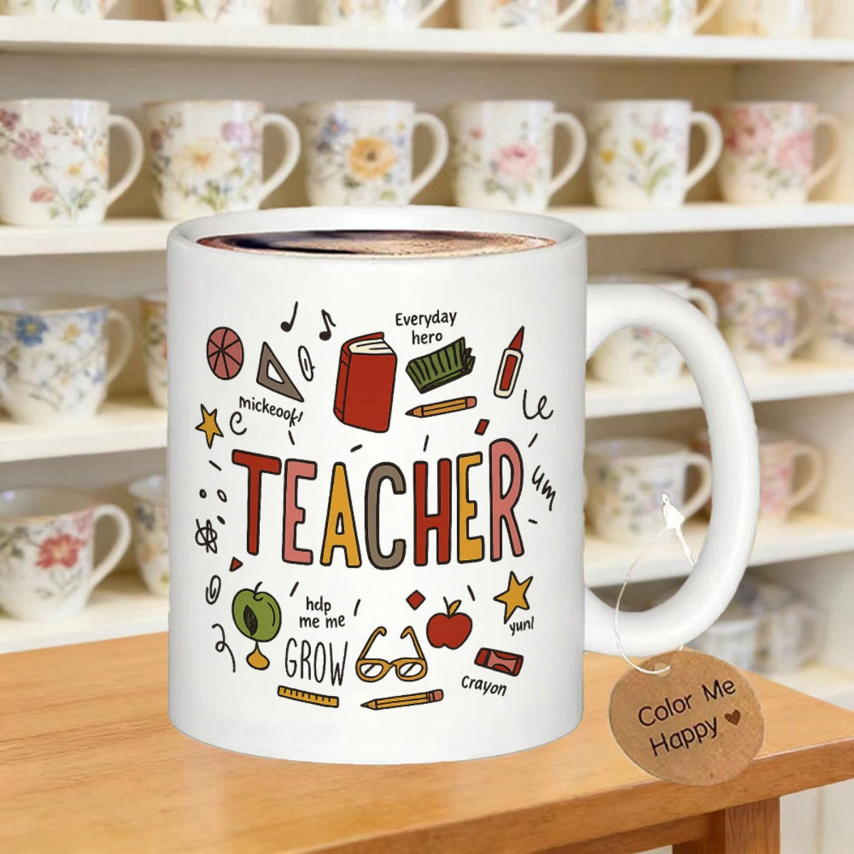 Tailorly White Ceramic 11 oz Mug - Teacher Grow Hand Drawn School Supplies Including Books Apples Pencils And Classroom Elements Teacher