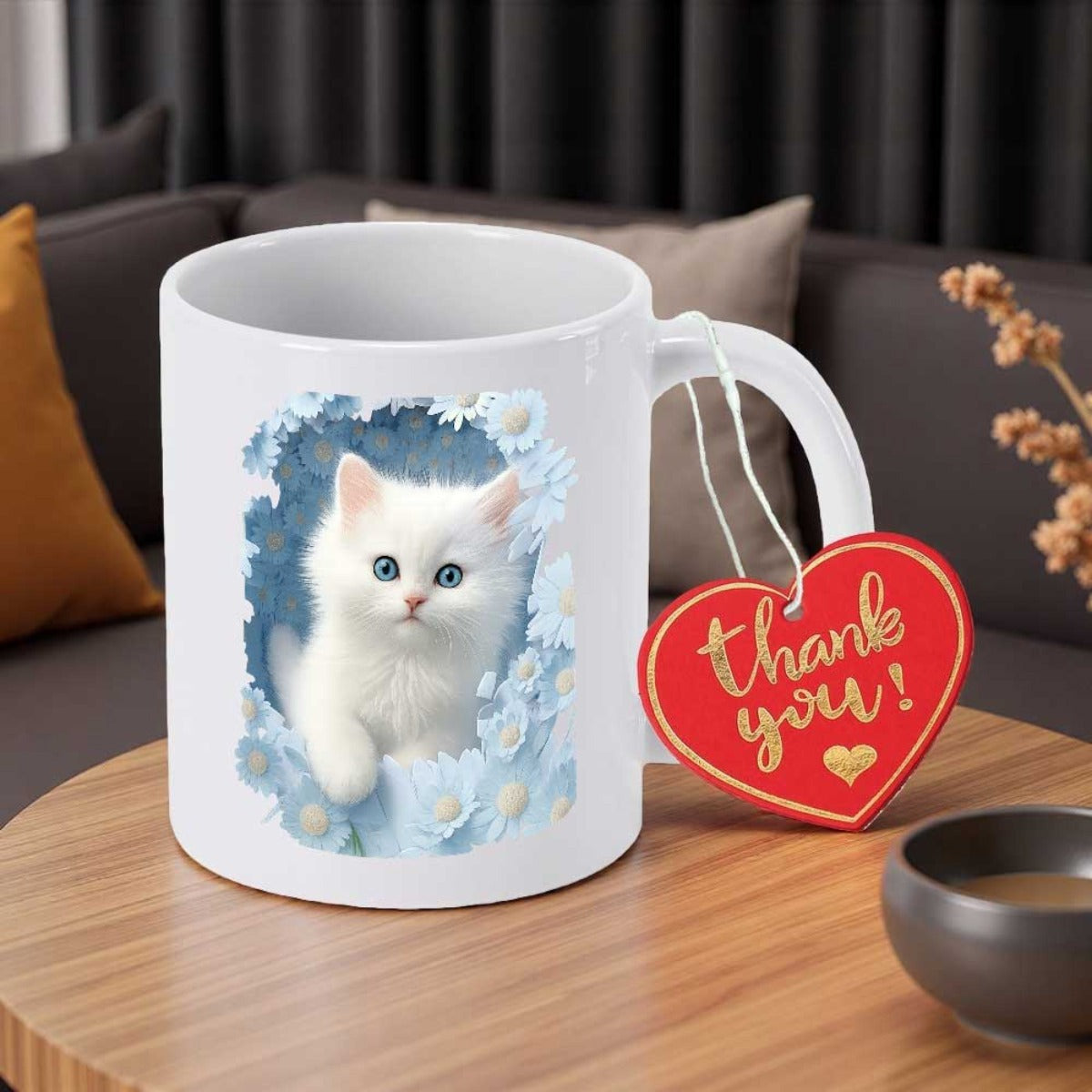 Tailorly White Ceramic 11 oz Mug - Thank You Fluffy White Animal Resting Within Elegant Soft Pastel Blue Spring Flowers Kitten