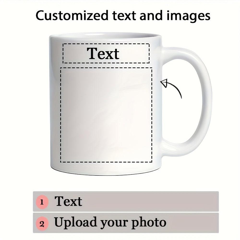 Tailorly White Ceramic 11 oz Mug - Customized Text And Images Text Upload Your Photo Simple Minimalist White Ceramic Coffee Vessel With Dotted Placement Frame Mug