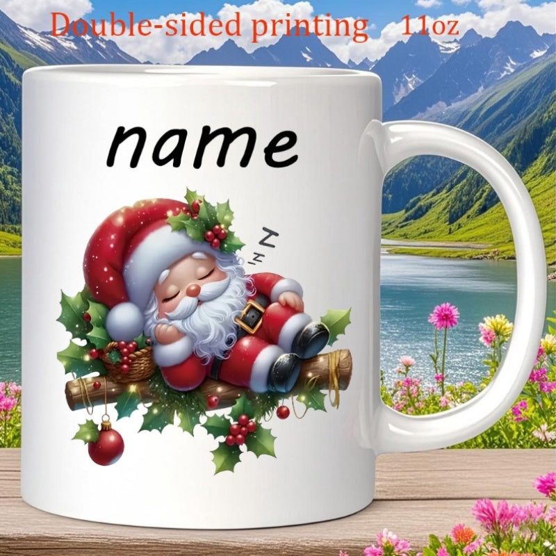 Tailorly White Ceramic 11 oz Mug - Name Peacefully Sleeping On Festive Log Surrounded By Green Holly Leaves Santa