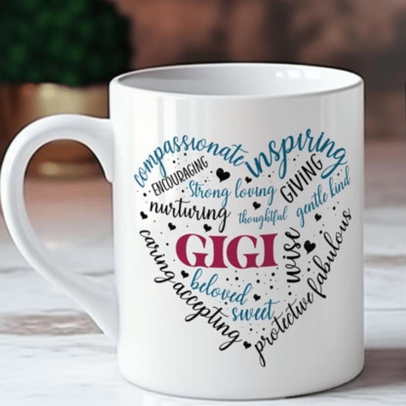 Tailorly White Ceramic 11 oz Mug - Gigi Heart Shaped Word Cloud Arrangement With Sentimental Adjectives Heart