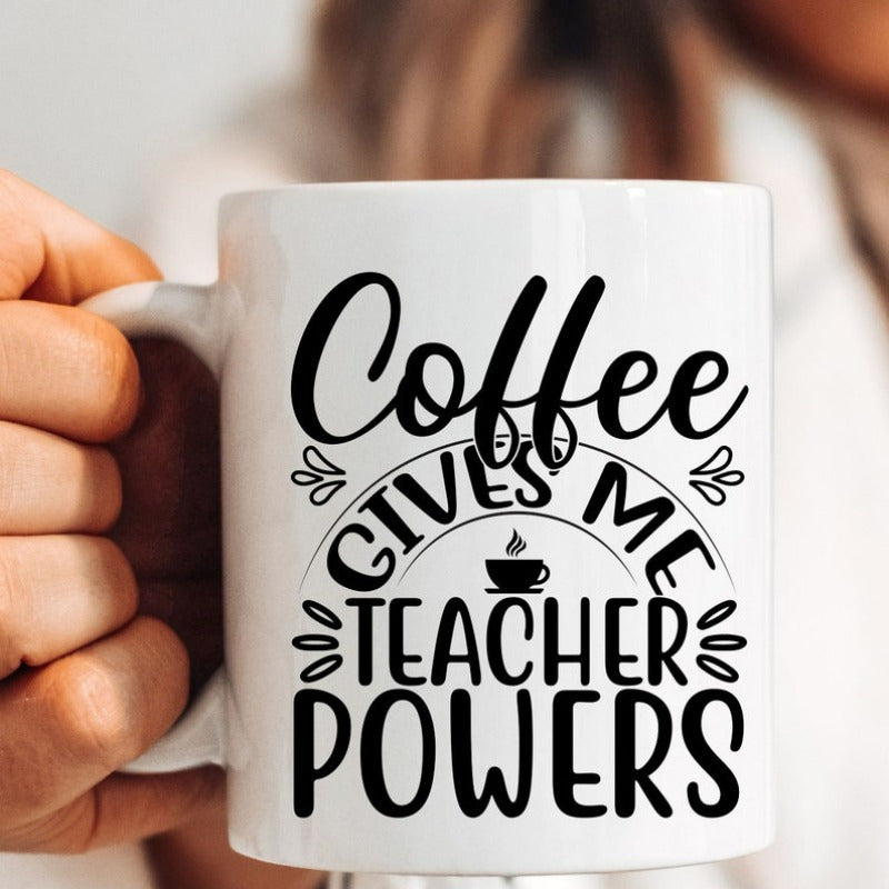 Tailorly White Ceramic 11 oz Mug - Coffee Gives Me Teacher Powers Minimalist Steaming Hot Cup With Decorative Arched Accents Mug
