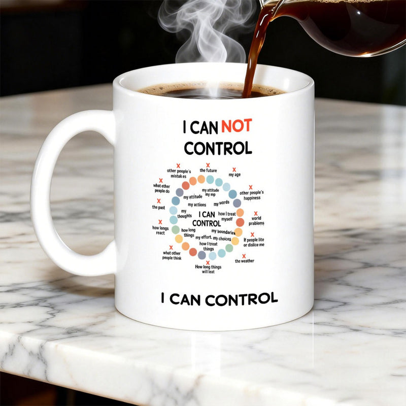 Tailorly White Ceramic 11 oz Mug - I Can Not Control I Can Control Colorful Circular Dots Representing Internal And External Psychological Emotional Boundaries