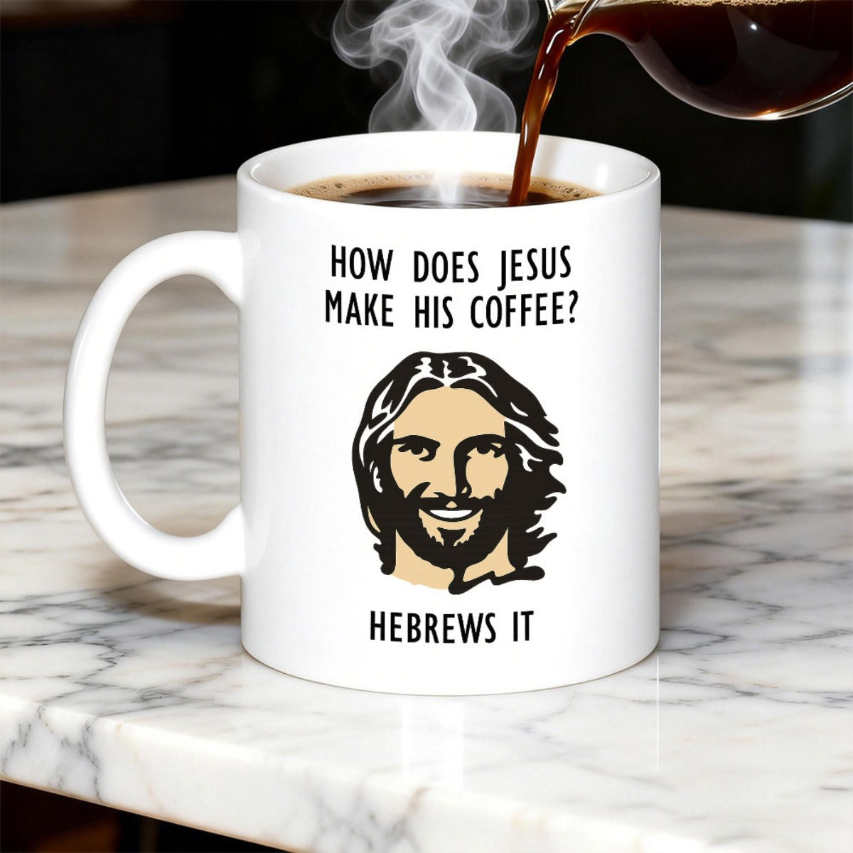 Tailorly White Ceramic 11 oz Mug - How Does Jesus Make His Coffee Hebrews It Smiling Religious Portrait With Symmetrical Black Beard Detail Mug