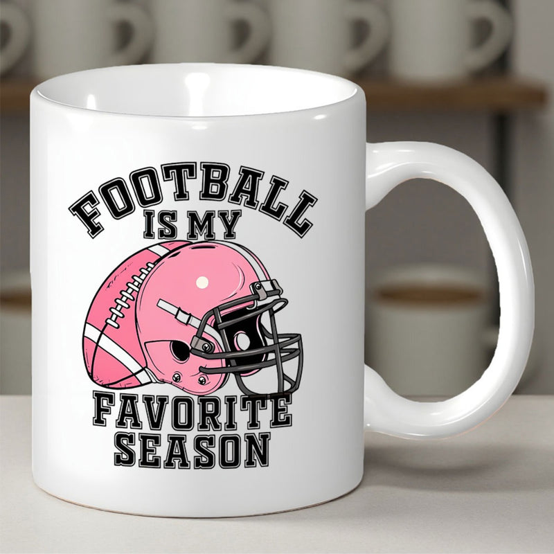Tailorly White Ceramic 11 oz Mug - Football Is My Favorite Season Vibrant Pink American Football Gear Resting Among Sporting Season Theme Text Helmet